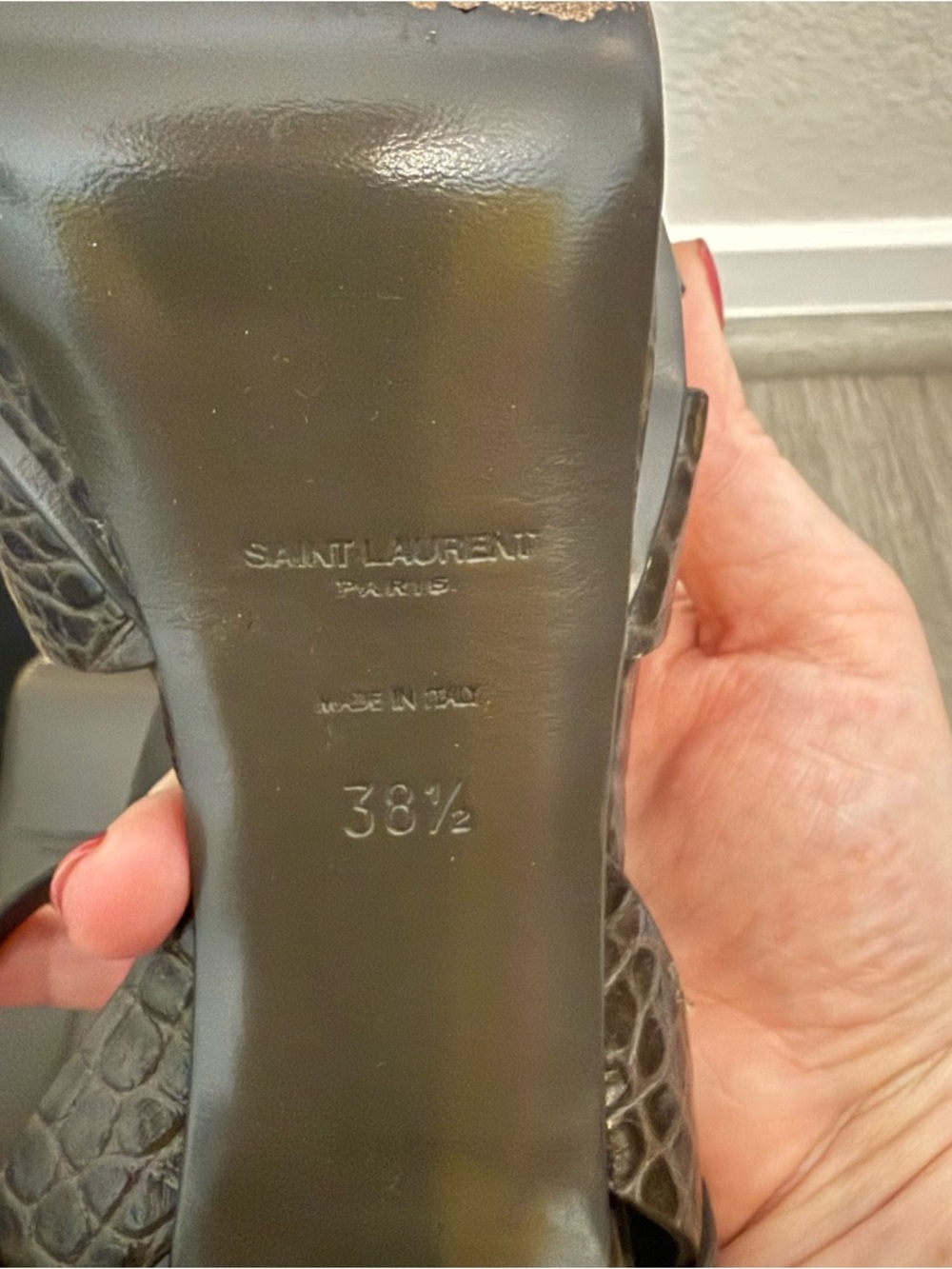 Saint Laurent Brown Taupe  Croc-Embossed Tribute Sandals 38.5 - Picture 9 of 11